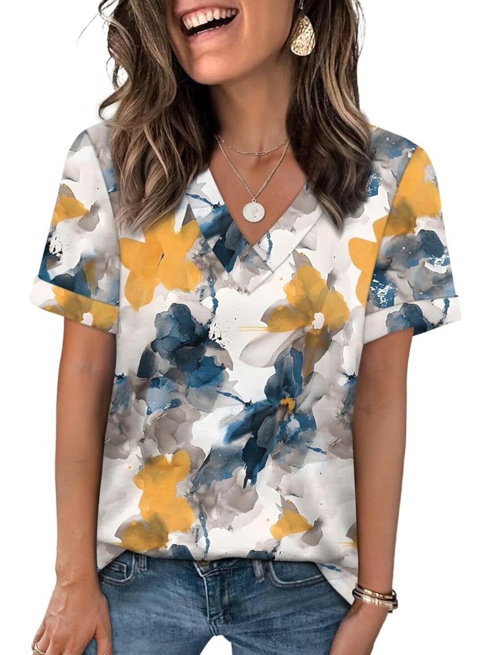 🆕Women Multi Teal Summer Tops Short Sleeve Basic Casual V Neck T Shirts Trendy